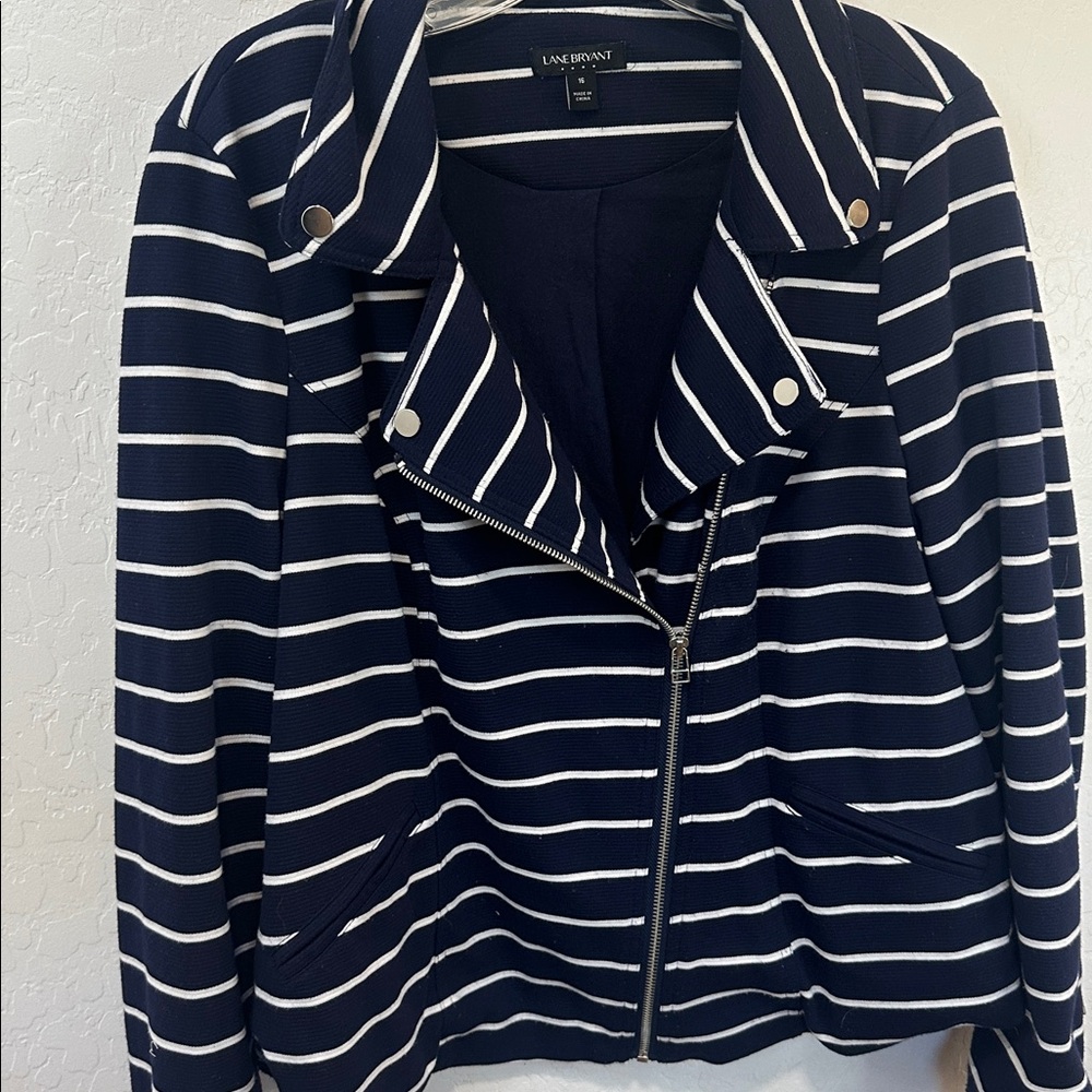 Lane Bryant Jacket Womens plus sz 16 Full Zip Knit Blue Striped Long Sleeve moto